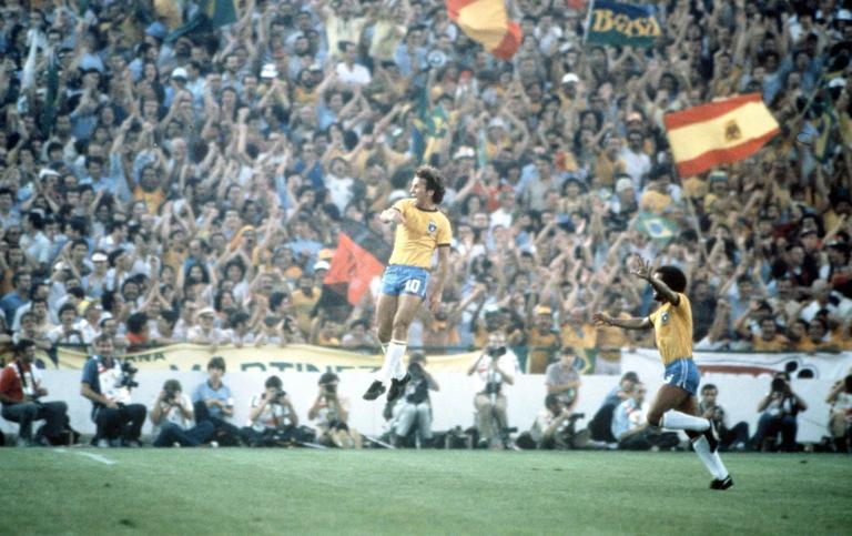 1982 World Cup Finals, Seville, Spain, 18th June, 1982, Brazil 4 v Scotland 1, Brazil's Zico leaps for joy after scoring against Scotland  (Photo by Bob Thomas Sports Photography via Getty Images)