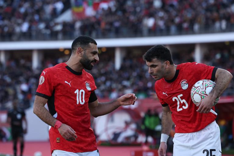 AGADIR, MOROCCO - DECEMBER 26: Mohamed Salah (L) and Zizo (R) of Egypt in action during 35th Africa Cup of Nations (AFCON 2025) Group B match between Egypt and South Africa at Adrar Stadium in Agadir, Morocco on December 26, 2025. (Photo by Stringer/Anadolu via Getty Images)