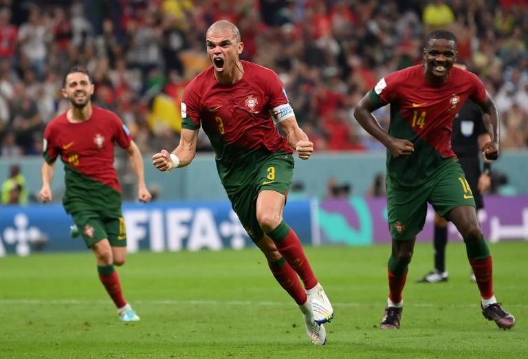 LUSAIL CITY, QATAR - DECEMBER 06: Pepe of Portugal celebrates after scoring the team's second goal during the FIFA World Cup Qatar 2022 Round of 16 match between Portugal and Switzerland at Lusail Stadium on December 06, 2022 in Lusail City, Qatar. (Photo by Justin Setterfield/Getty Images)
